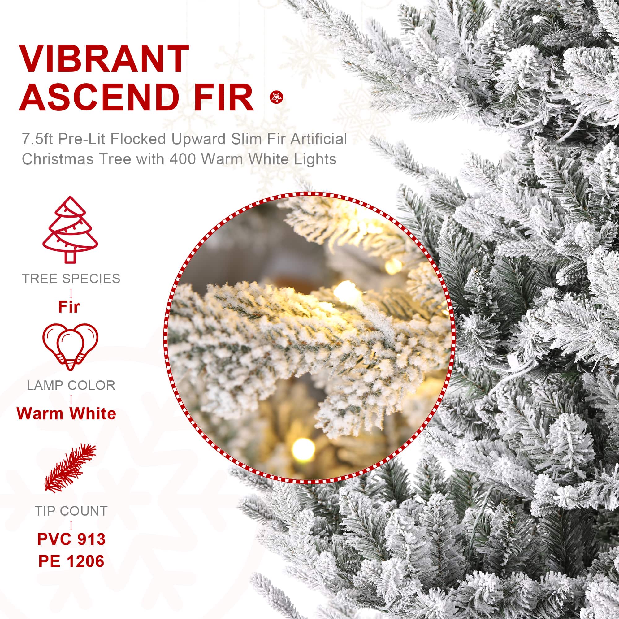 Glitzhome® 7.5ft Pre-Lit Flocked Upward Slim Fir Artificial Christmas Tree, Warm White LED Lights